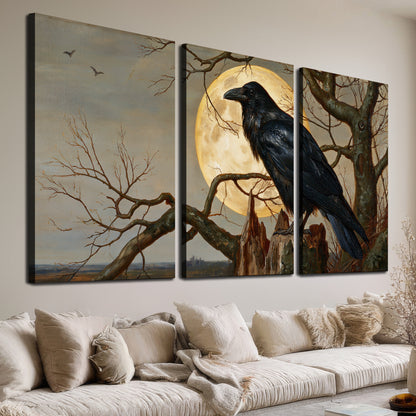 A dark raven perched on a branch beneath a warm moon in a shadowed woodland 3 piece canvas wall art room and product view