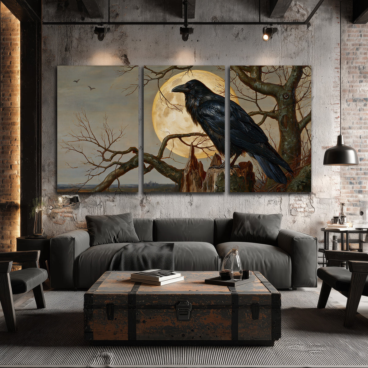 A dark raven perched on a branch beneath a warm moon in a shadowed woodland 3 piece canvas wall art displayed in a industrial room