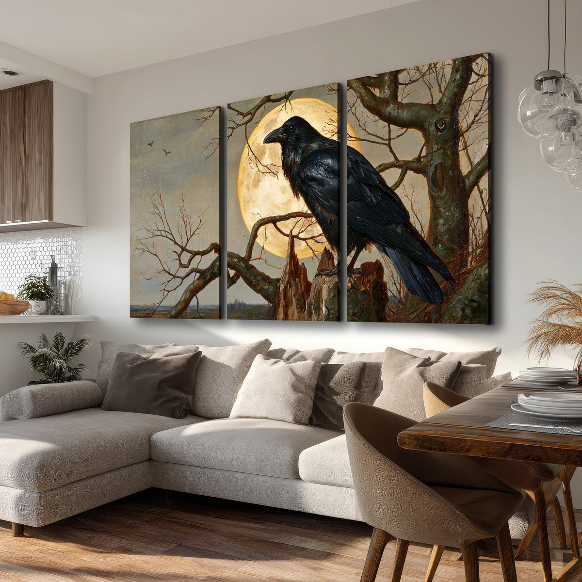 A dark raven perched on a branch beneath a warm moon in a shadowed woodland 3 piece canvas wall art room and product view