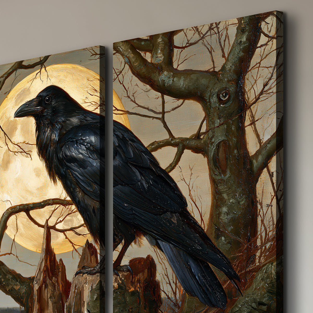 A dark raven perched on a branch beneath a warm moon in a shadowed woodland 3 piece canvas wall art room and product view