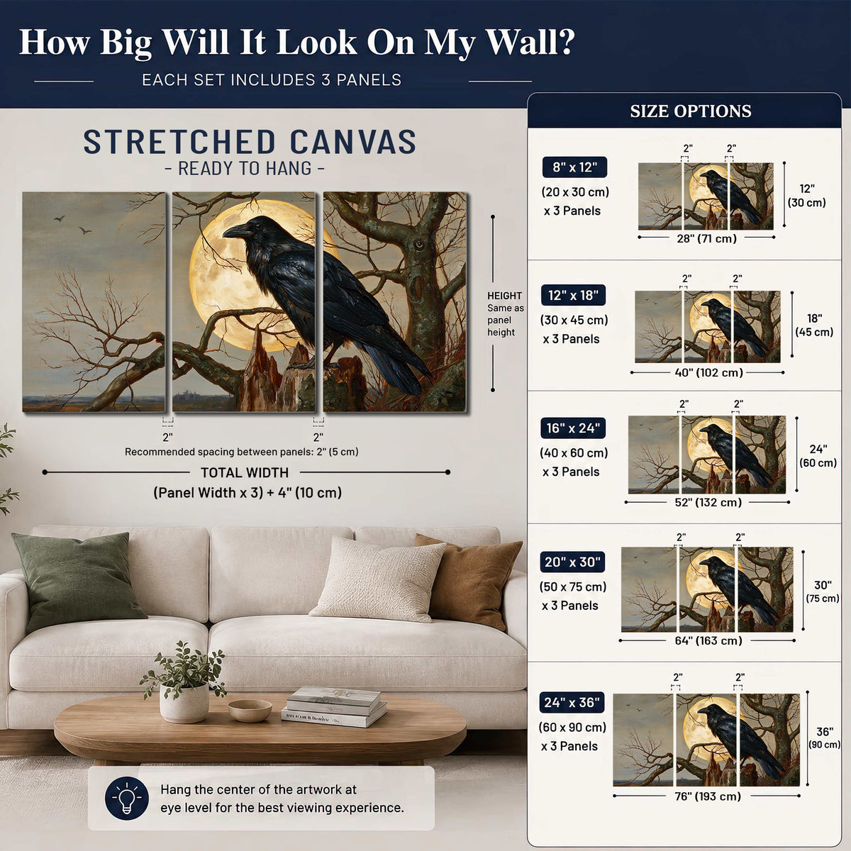 A dark raven perched on a branch beneath a warm moon in a shadowed woodland 3 piece canvas wall art size guide above a sofa; room view is illustrative