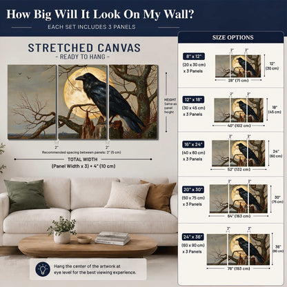 A dark raven perched on a branch beneath a warm moon in a shadowed woodland 3 piece canvas wall art size guide above a sofa; room view is illustrative