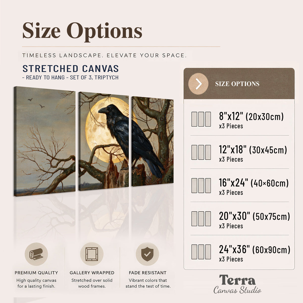A dark raven perched on a branch beneath a warm moon in a shadowed woodland 3 piece canvas wall art available dimensions; triptych dimensions are per panel