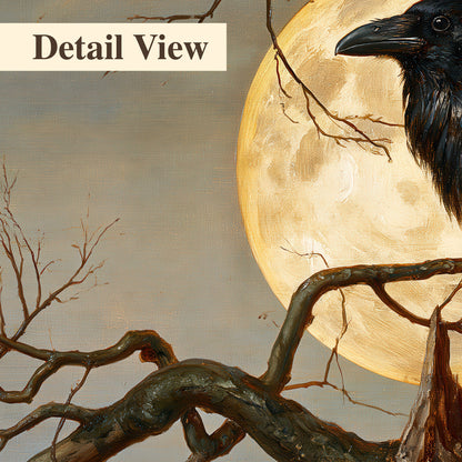 A dark raven perched on a branch beneath a warm moon in a shadowed woodland 3 piece canvas wall art artwork detail close up