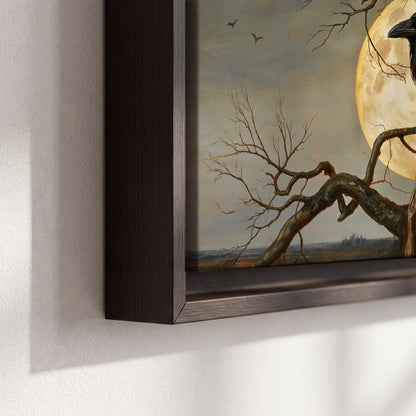 A dark raven perched on a branch beneath a warm moon in a shadowed woodland 3 piece framed canvas wall art material and edge close up