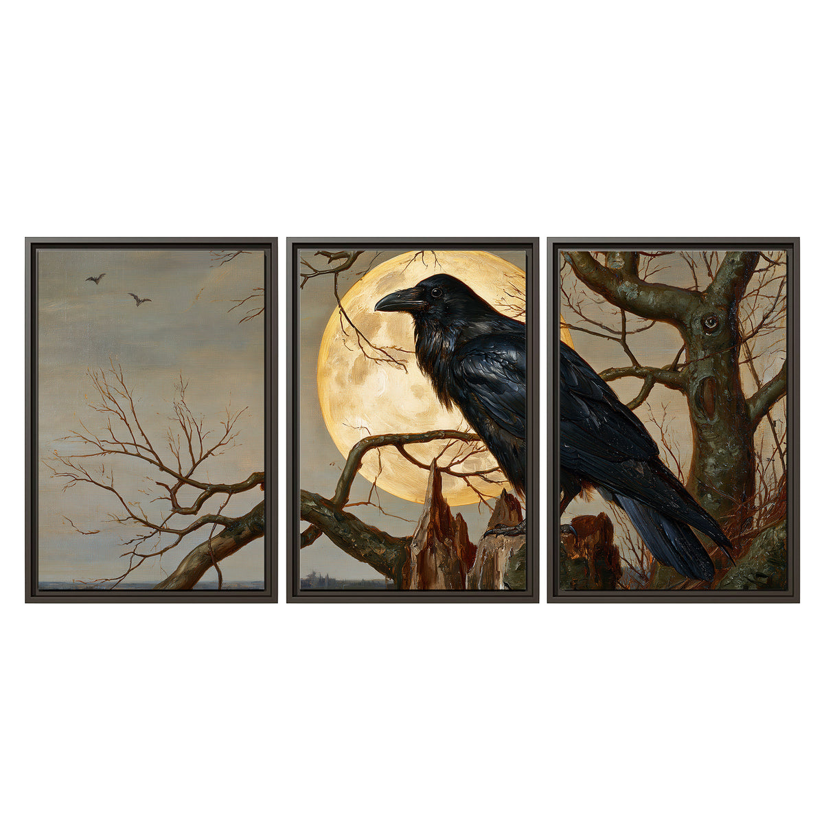 A dark raven perched on a branch beneath a warm moon in a shadowed woodland 3 piece framed canvas wall art viewed straight on