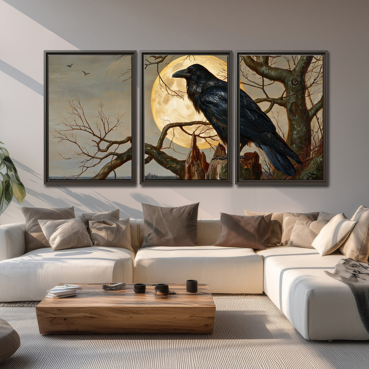 A dark raven perched on a branch beneath a warm moon in a shadowed woodland 3 piece framed canvas wall art displayed in a living room