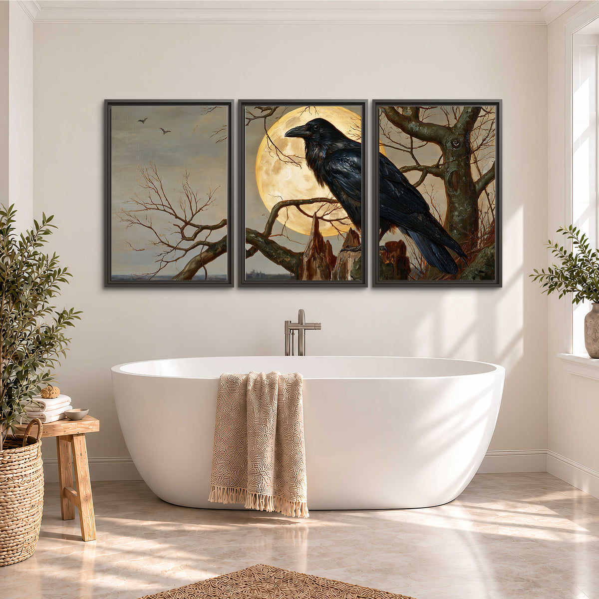 A dark raven perched on a branch beneath a warm moon in a shadowed woodland 3 piece framed canvas wall art styled in an interior