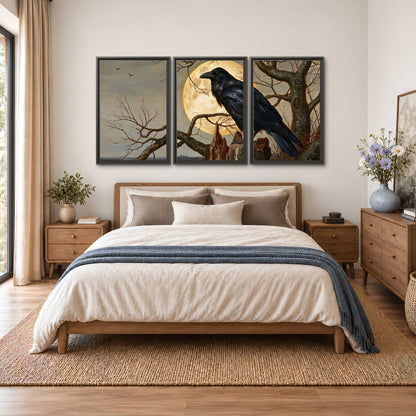 A dark raven perched on a branch beneath a warm moon in a shadowed woodland 3 piece framed canvas wall art styled in an interior