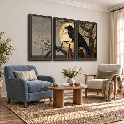 A dark raven perched on a branch beneath a warm moon in a shadowed woodland 3 piece framed canvas wall art styled in an interior