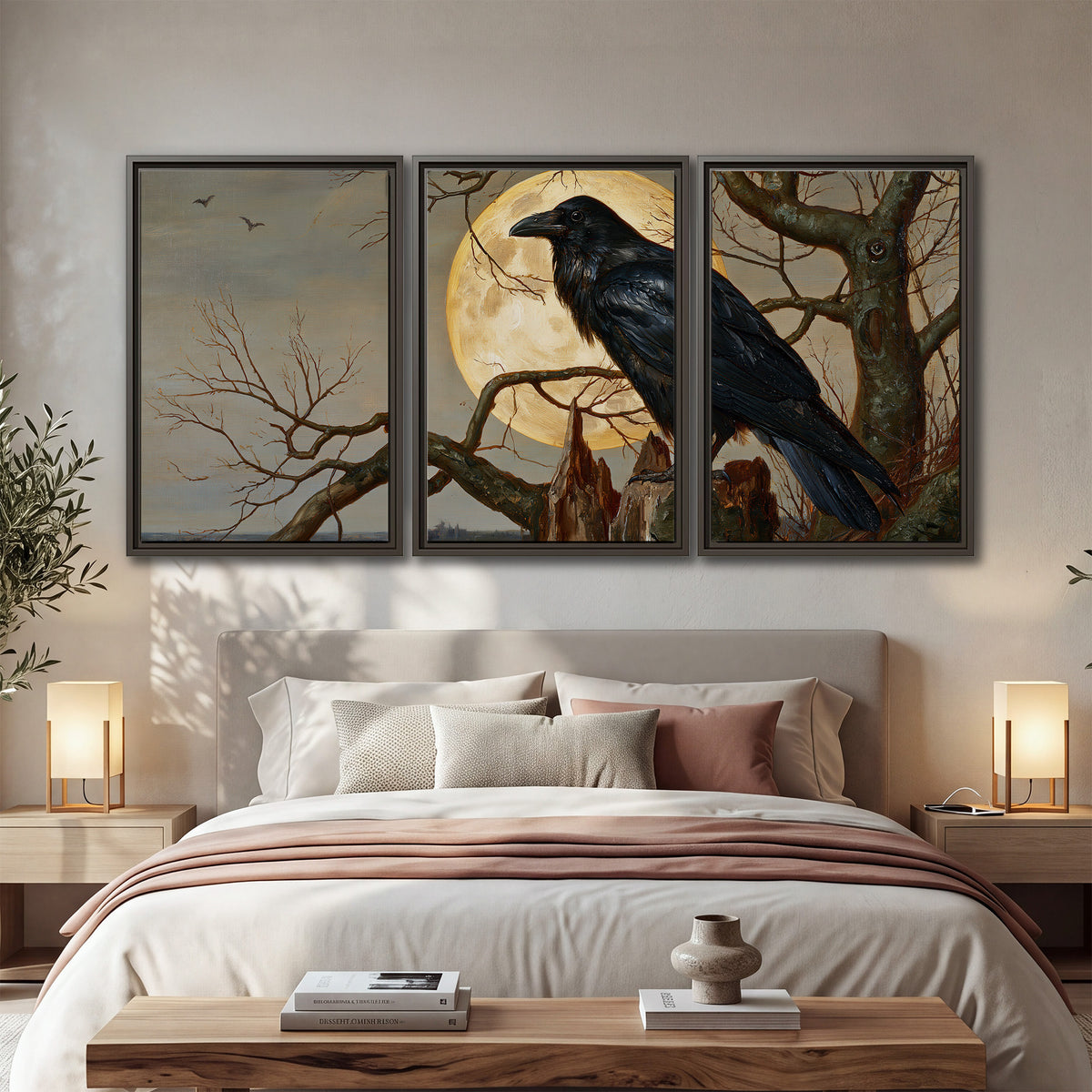 A dark raven perched on a branch beneath a warm moon in a shadowed woodland 3 piece framed canvas wall art displayed in a bedroom