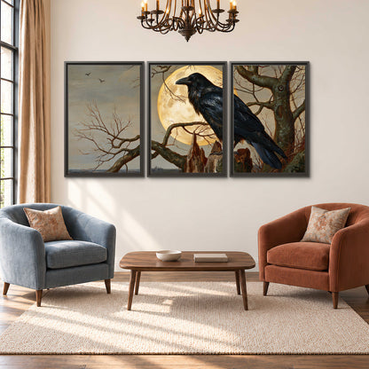 A dark raven perched on a branch beneath a warm moon in a shadowed woodland 3 piece framed canvas wall art styled in an interior