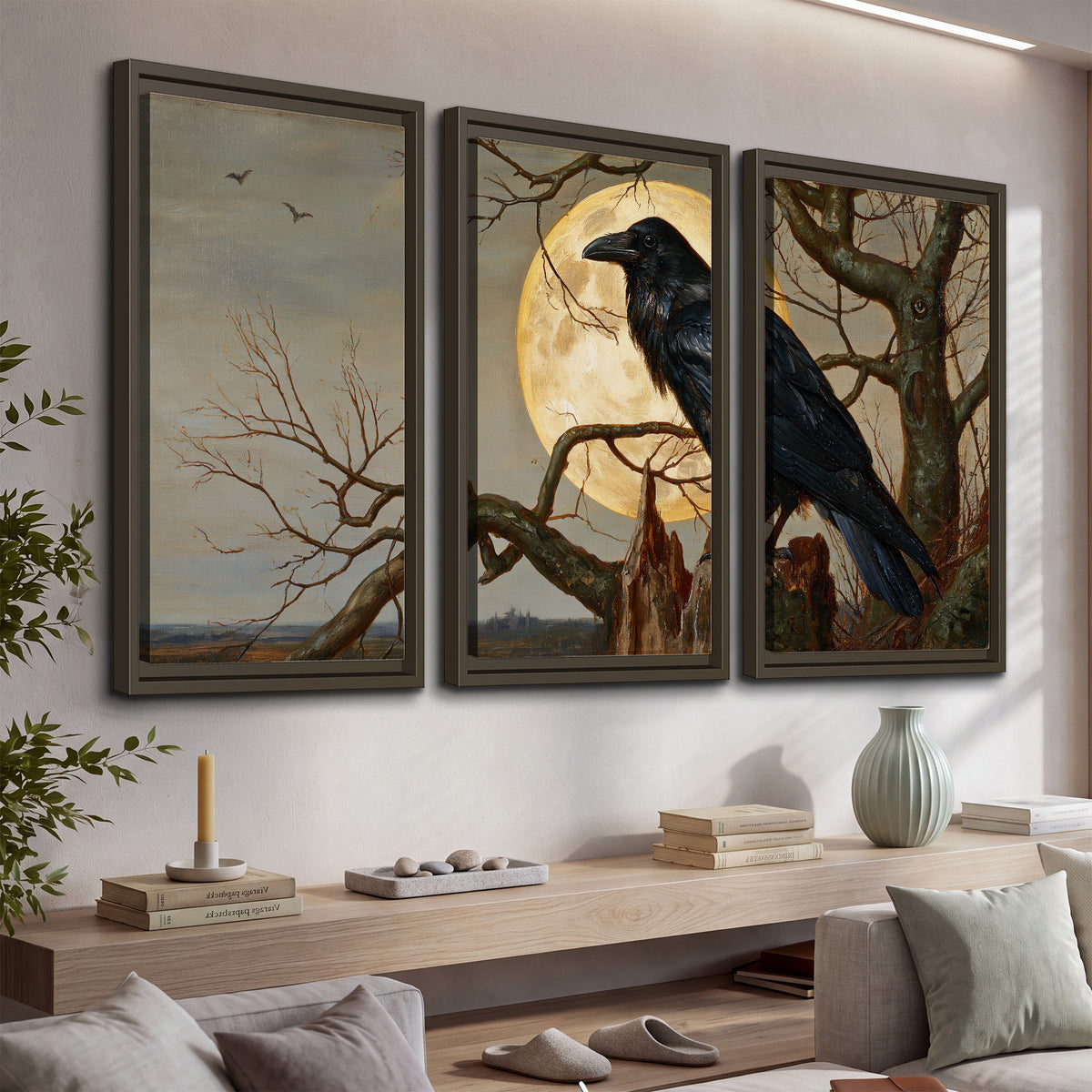 A dark raven perched on a branch beneath a warm moon in a shadowed woodland 3 piece framed canvas wall art displayed in a console