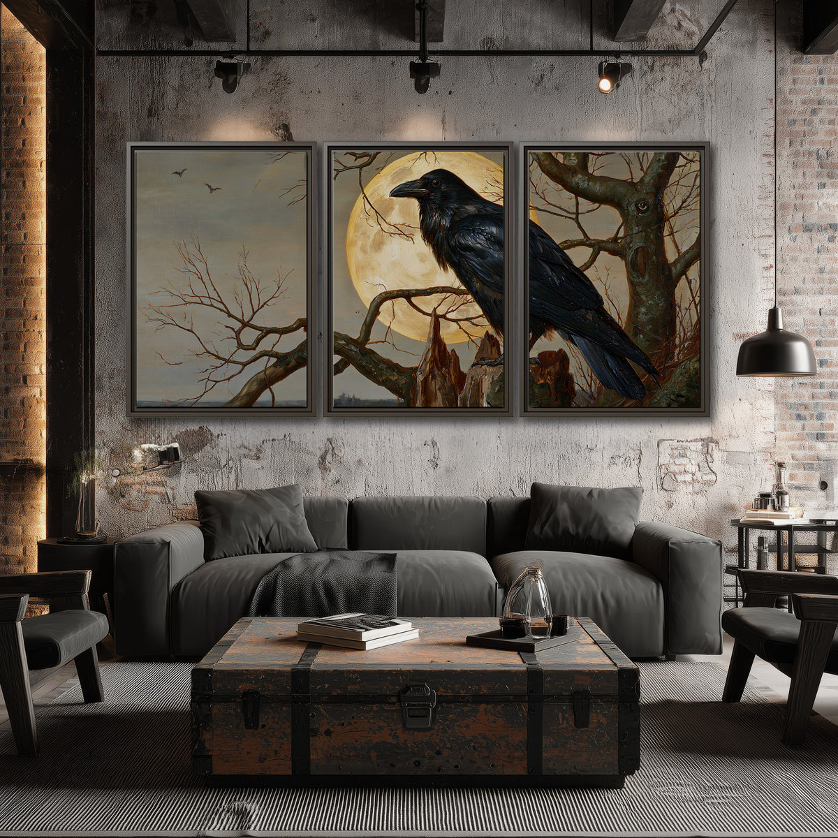 A dark raven perched on a branch beneath a warm moon in a shadowed woodland 3 piece framed canvas wall art displayed in a industrial room