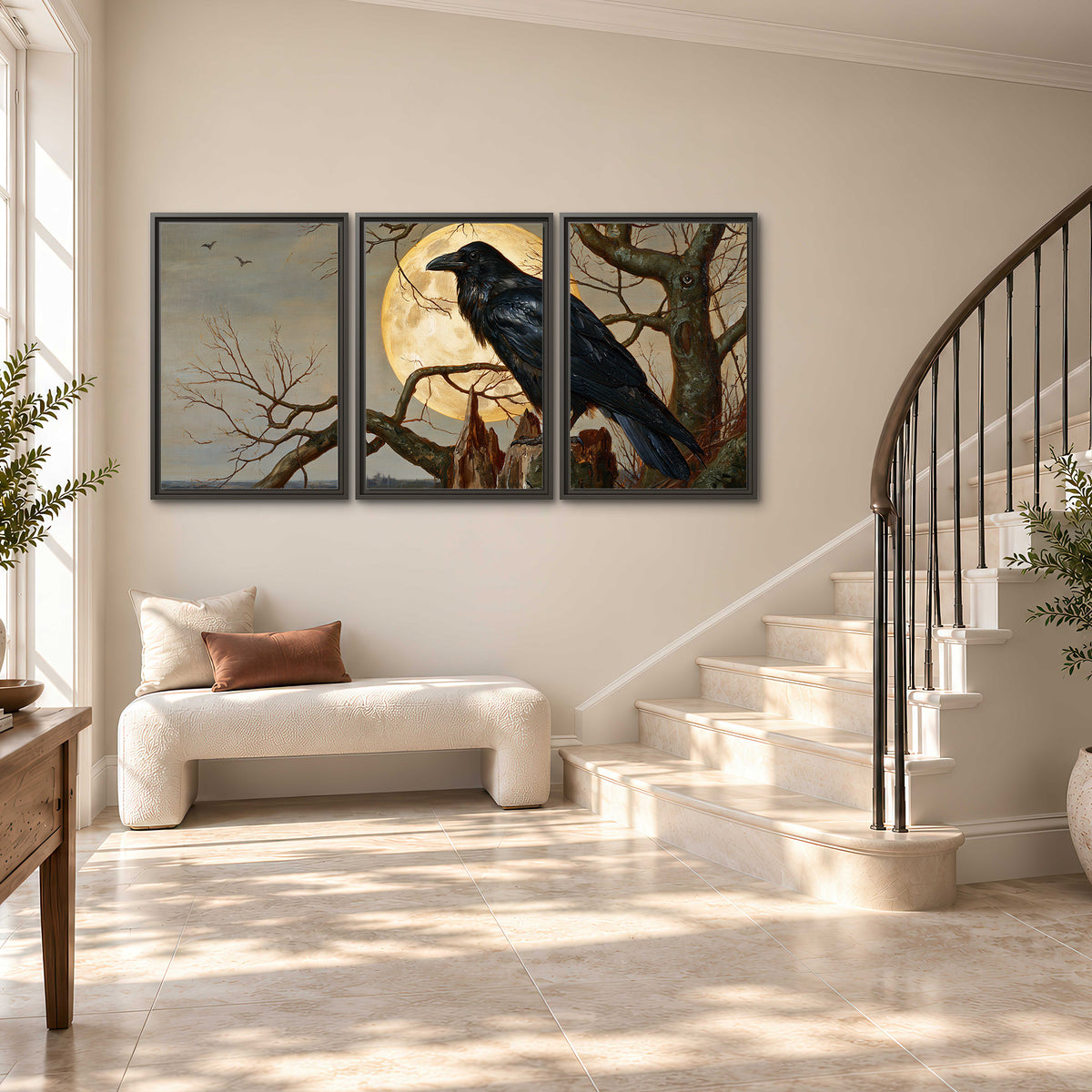 A dark raven perched on a branch beneath a warm moon in a shadowed woodland 3 piece framed canvas wall art styled in an interior