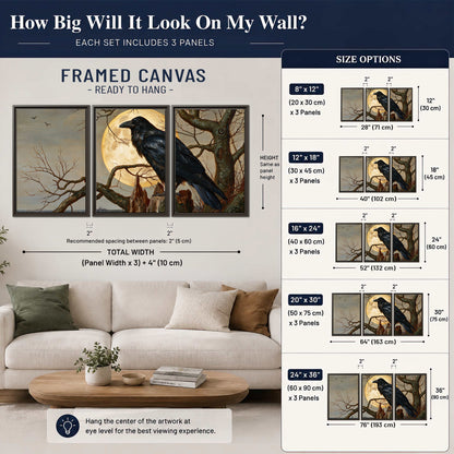 A dark raven perched on a branch beneath a warm moon in a shadowed woodland 3 piece framed canvas wall art size guide above a sofa; room view is illustrative
