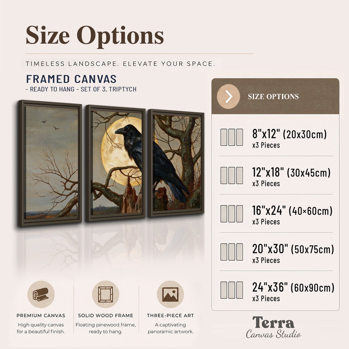 A dark raven perched on a branch beneath a warm moon in a shadowed woodland 3 piece framed canvas wall art available dimensions; triptych dimensions are per panel