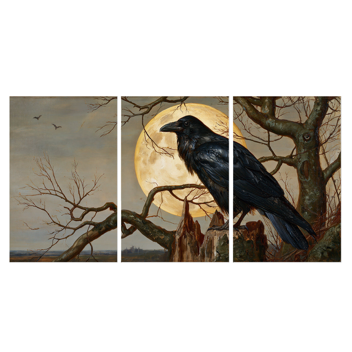 A dark raven perched on a branch beneath a warm moon in a shadowed woodland set of 3 poster prints viewed straight on