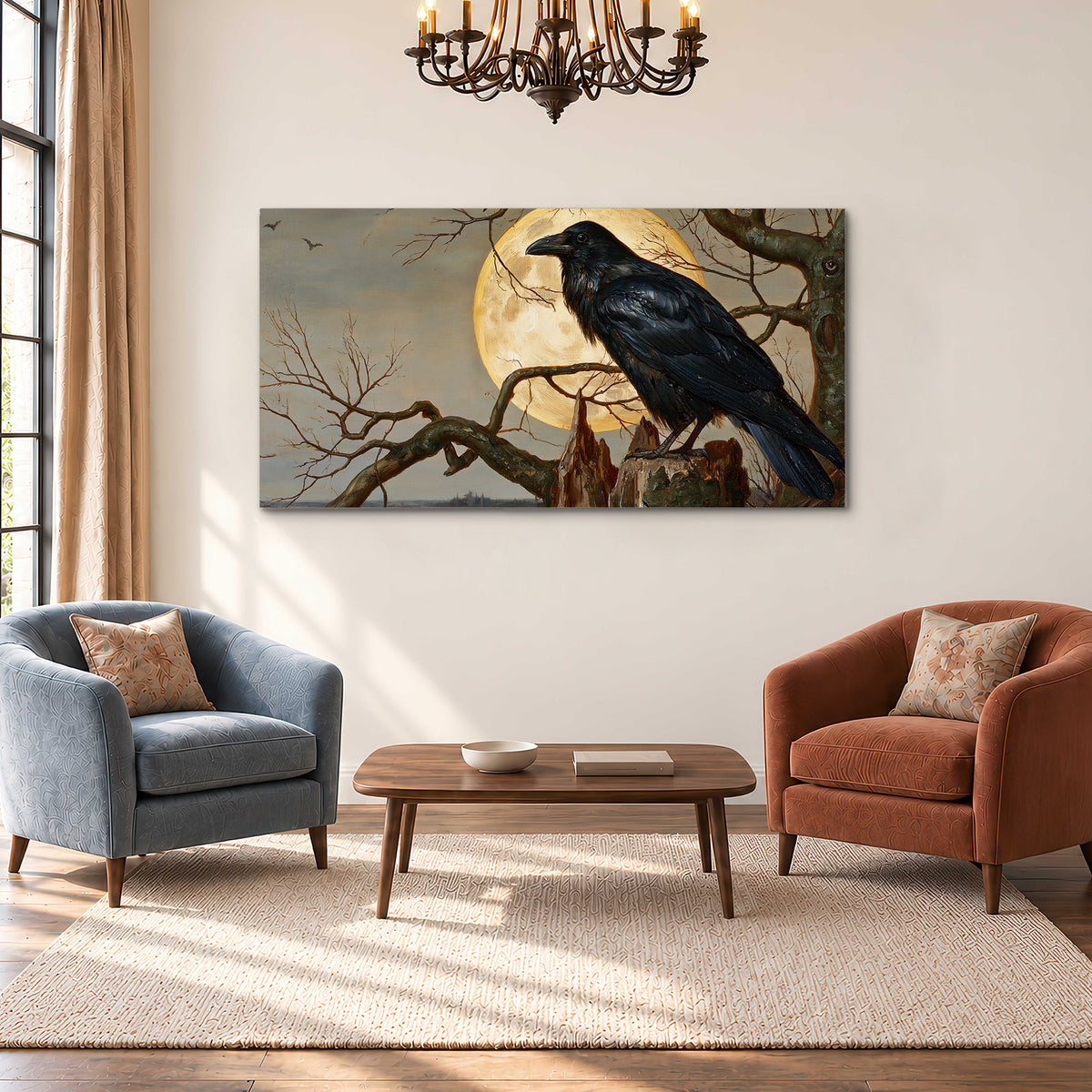 A dark raven perched on a branch beneath a warm moon in a shadowed woodland single canvas wall art styled in an interior