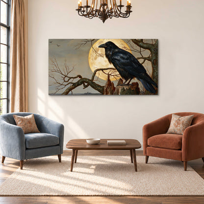 A dark raven perched on a branch beneath a warm moon in a shadowed woodland single canvas wall art styled in an interior