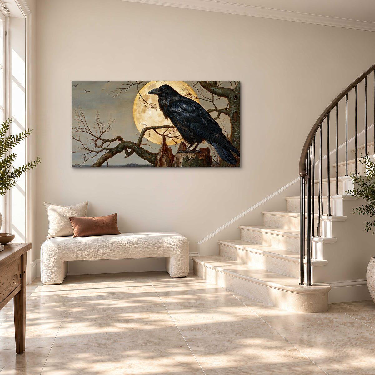 A dark raven perched on a branch beneath a warm moon in a shadowed woodland single canvas wall art styled in an interior
