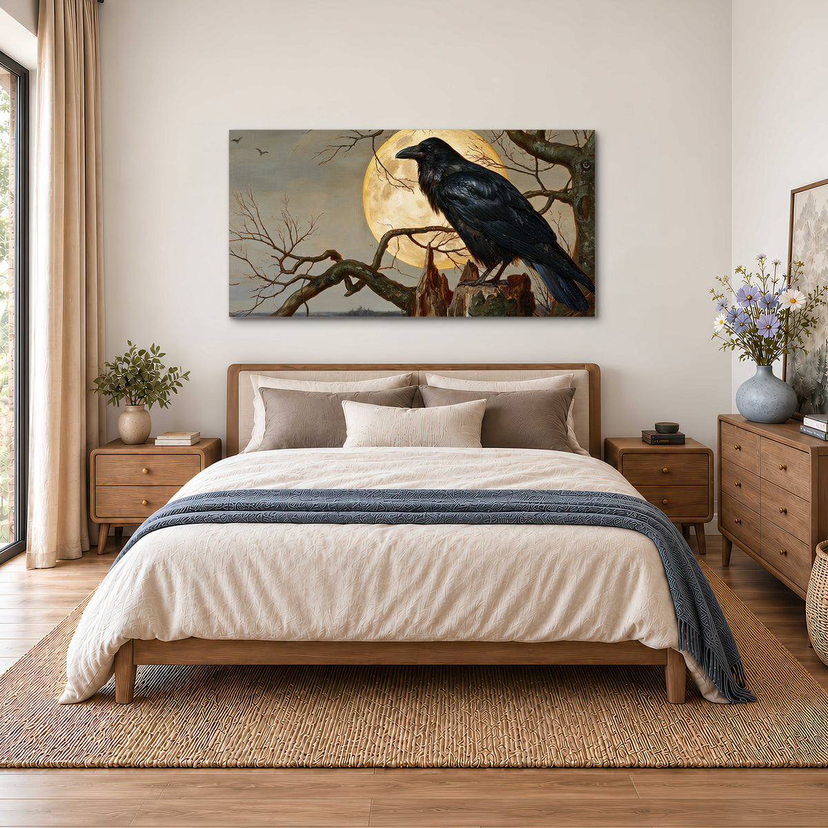 A dark raven perched on a branch beneath a warm moon in a shadowed woodland single canvas wall art styled in an interior