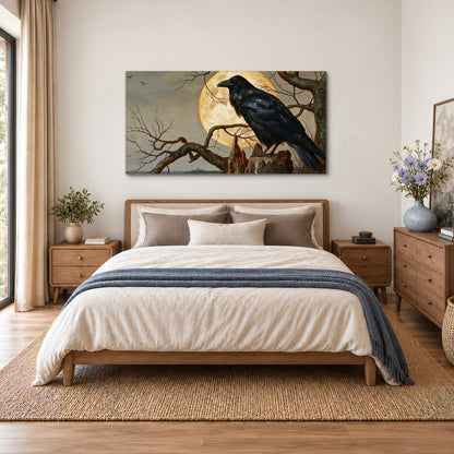 A dark raven perched on a branch beneath a warm moon in a shadowed woodland single canvas wall art styled in an interior