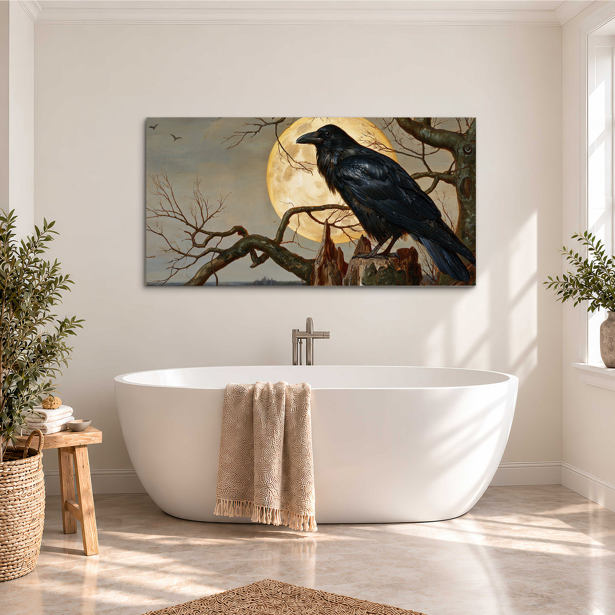 A dark raven perched on a branch beneath a warm moon in a shadowed woodland single canvas wall art styled in an interior