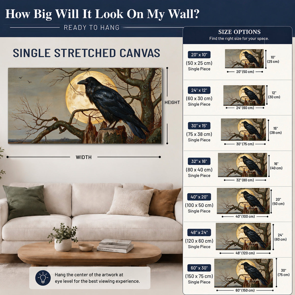 A dark raven perched on a branch beneath a warm moon in a shadowed woodland single canvas wall art size guide above a sofa; room view is illustrative