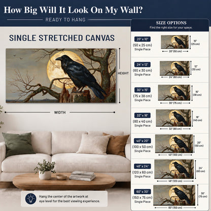A dark raven perched on a branch beneath a warm moon in a shadowed woodland single canvas wall art size guide above a sofa; room view is illustrative