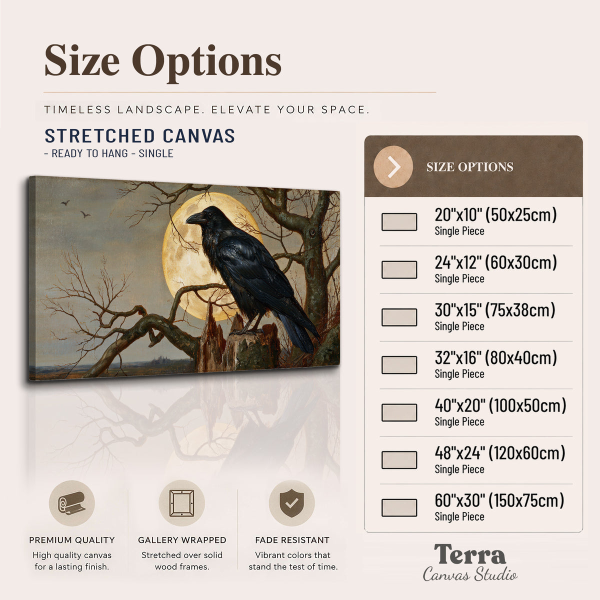 A dark raven perched on a branch beneath a warm moon in a shadowed woodland single canvas wall art available dimensions