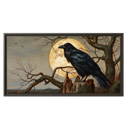 A dark raven perched on a branch beneath a warm moon in a shadowed woodland single framed canvas wall art viewed straight on