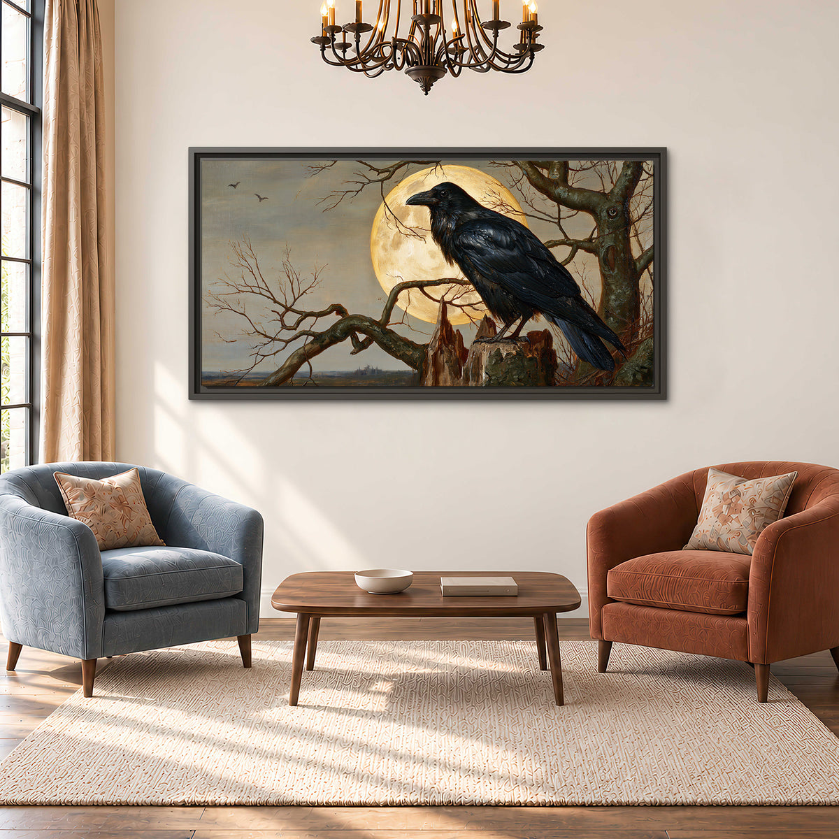 A dark raven perched on a branch beneath a warm moon in a shadowed woodland single framed canvas wall art styled in an interior