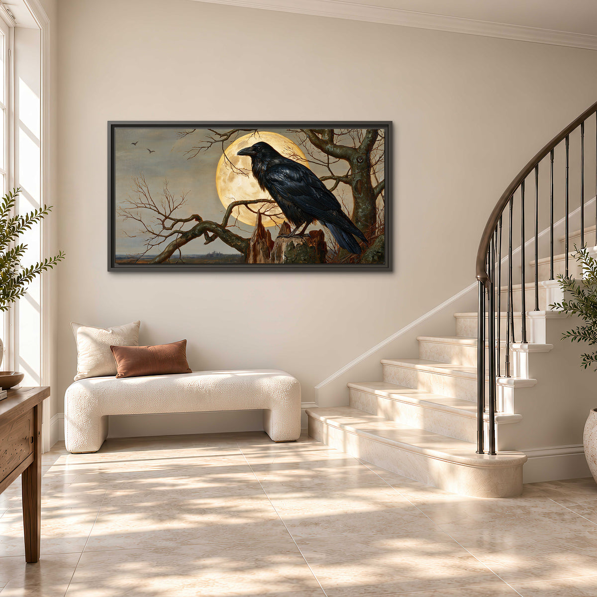 A dark raven perched on a branch beneath a warm moon in a shadowed woodland single framed canvas wall art styled in an interior