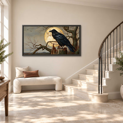 A dark raven perched on a branch beneath a warm moon in a shadowed woodland single framed canvas wall art styled in an interior