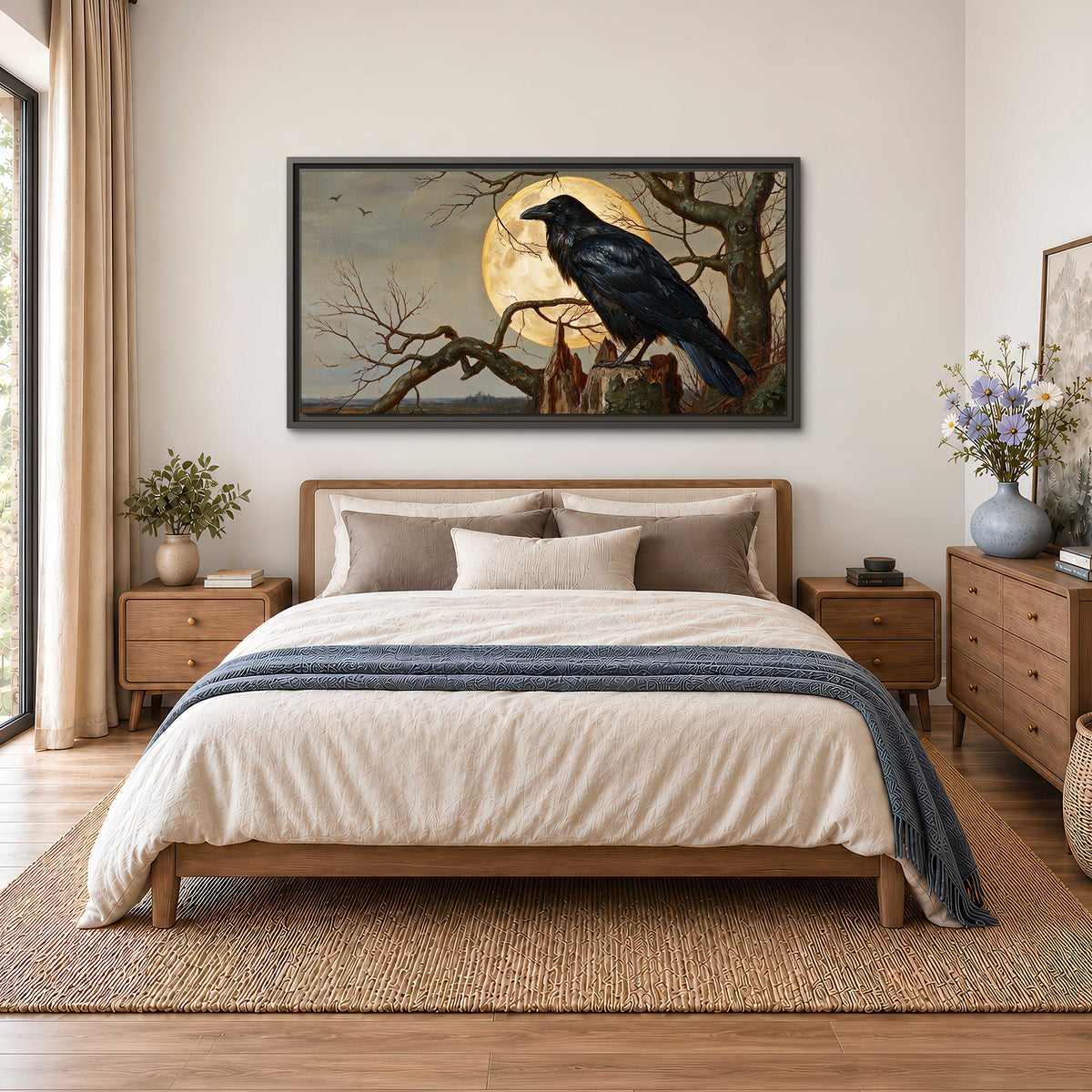 A dark raven perched on a branch beneath a warm moon in a shadowed woodland single framed canvas wall art styled in an interior