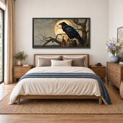 A dark raven perched on a branch beneath a warm moon in a shadowed woodland single framed canvas wall art styled in an interior