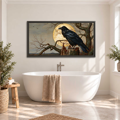 A dark raven perched on a branch beneath a warm moon in a shadowed woodland single framed canvas wall art styled in an interior