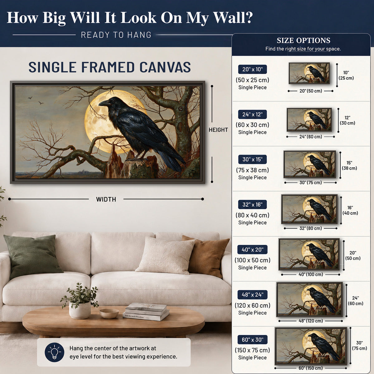 A dark raven perched on a branch beneath a warm moon in a shadowed woodland single framed canvas wall art size guide above a sofa; room view is illustrative
