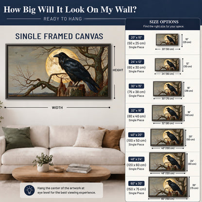 A dark raven perched on a branch beneath a warm moon in a shadowed woodland single framed canvas wall art size guide above a sofa; room view is illustrative