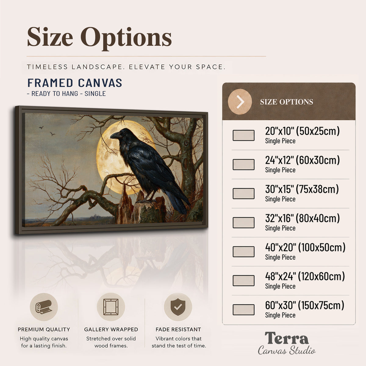 A dark raven perched on a branch beneath a warm moon in a shadowed woodland single framed canvas wall art available dimensions