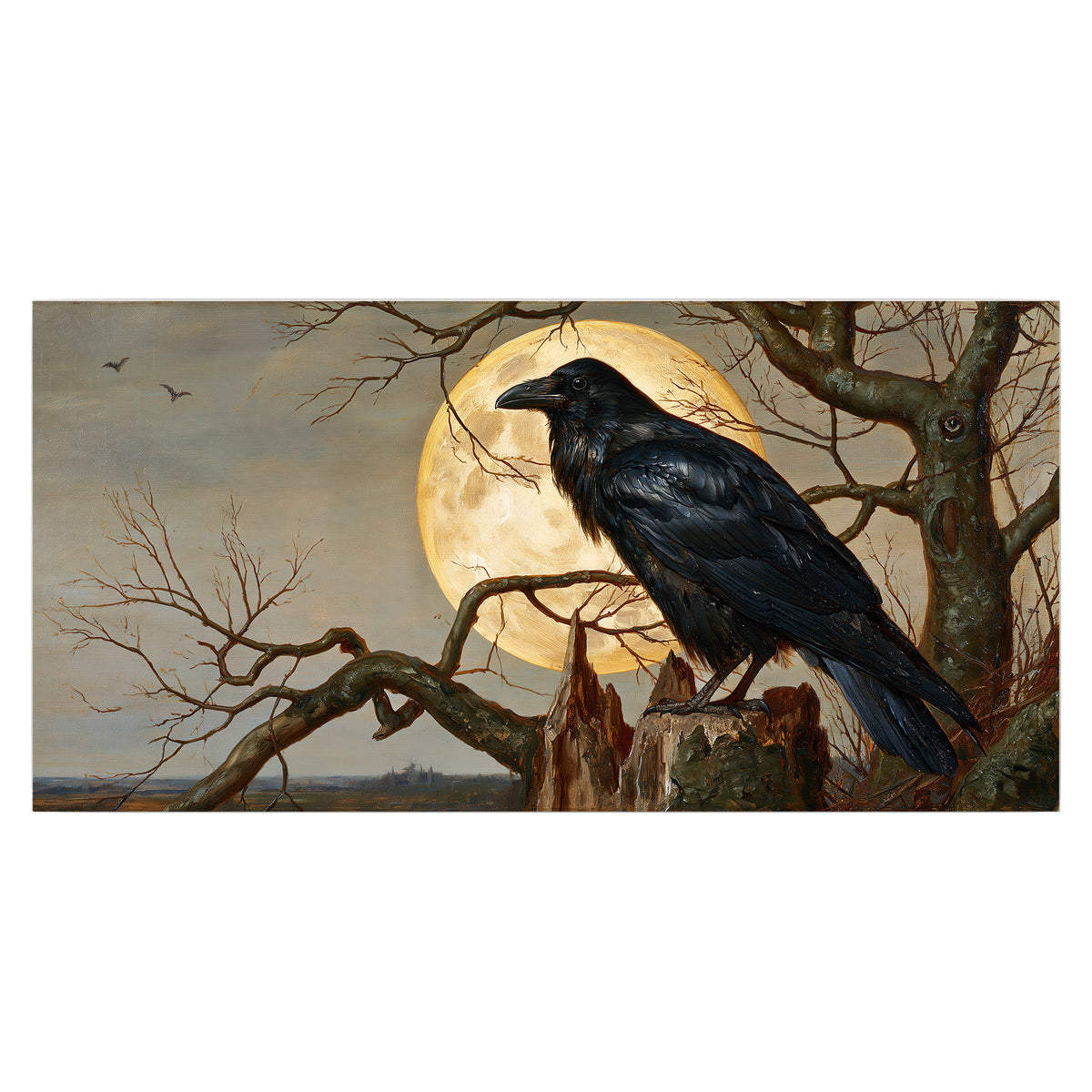 A dark raven perched on a branch beneath a warm moon in a shadowed woodland single poster print viewed straight on