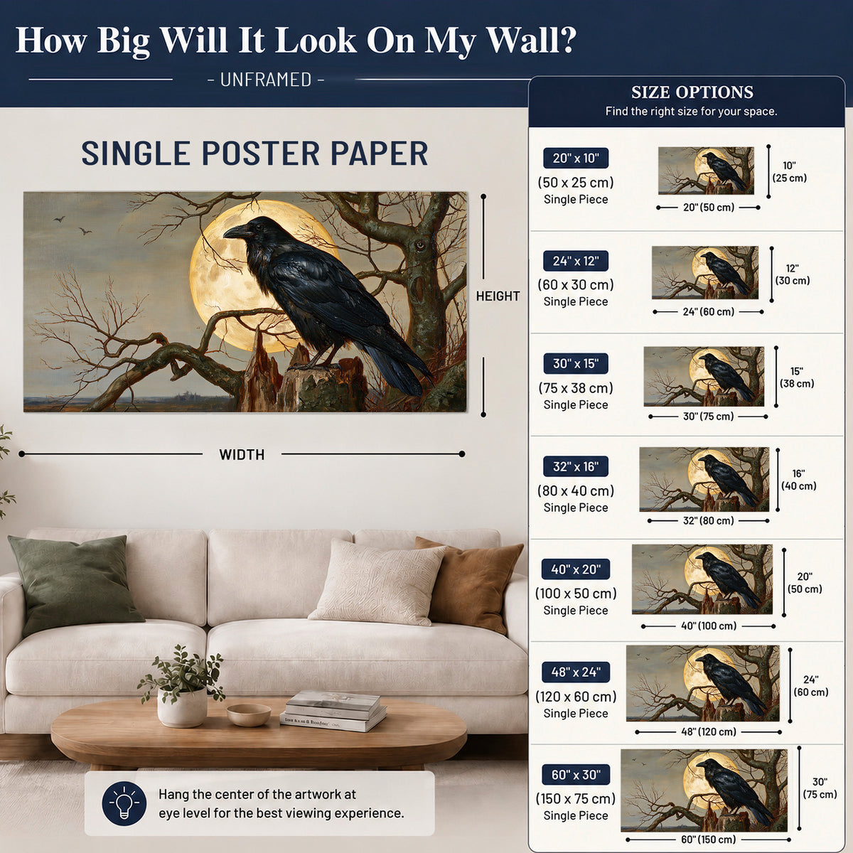 A dark raven perched on a branch beneath a warm moon in a shadowed woodland single poster print size guide above a sofa; room view is illustrative