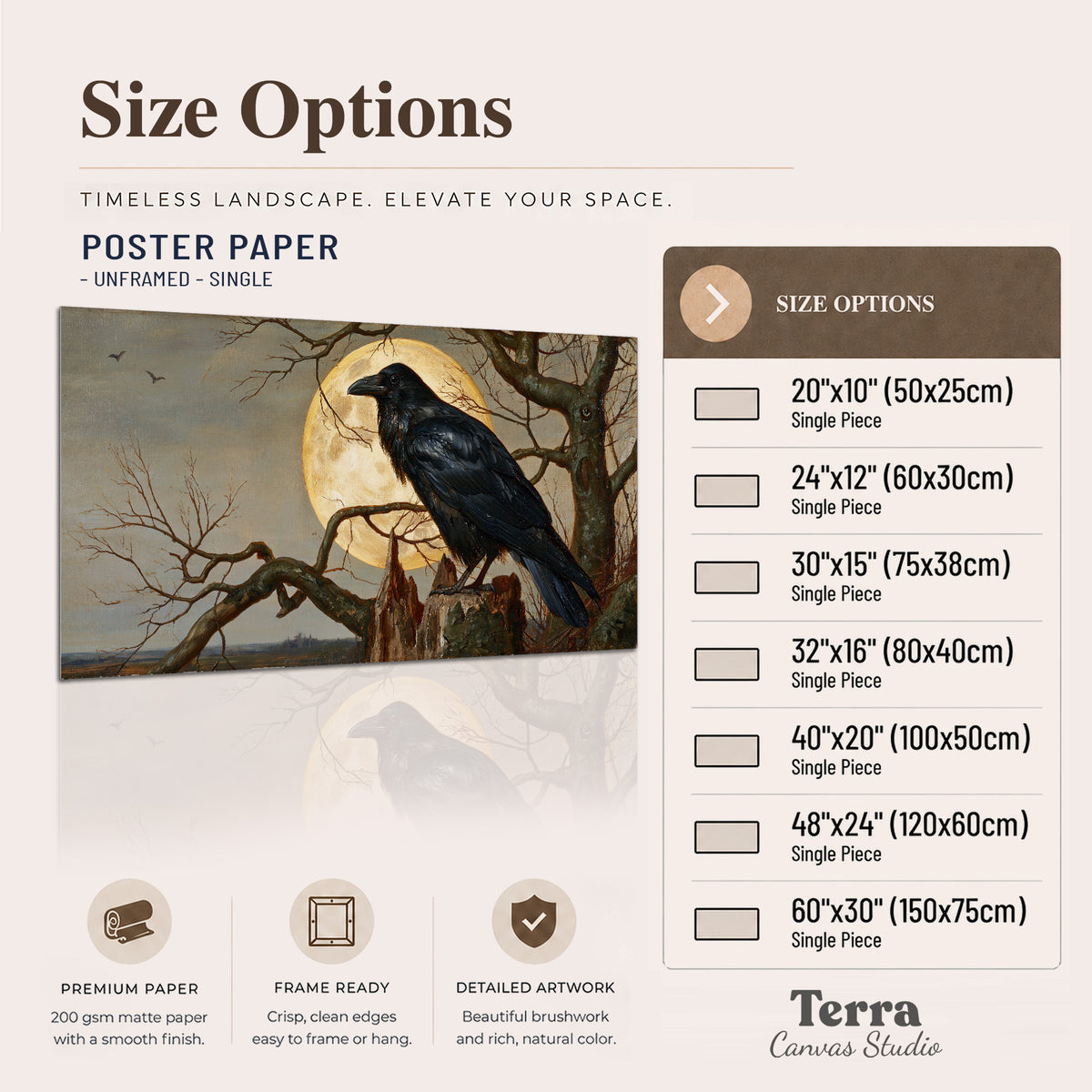 A dark raven perched on a branch beneath a warm moon in a shadowed woodland single poster print available dimensions