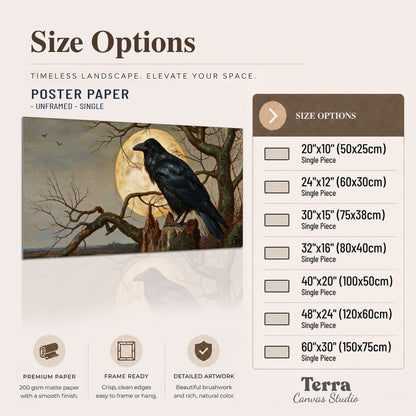A dark raven perched on a branch beneath a warm moon in a shadowed woodland single poster print available dimensions