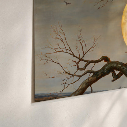 A dark raven perched on a branch beneath a warm moon in a shadowed woodland set of 3 poster prints material and edge close up