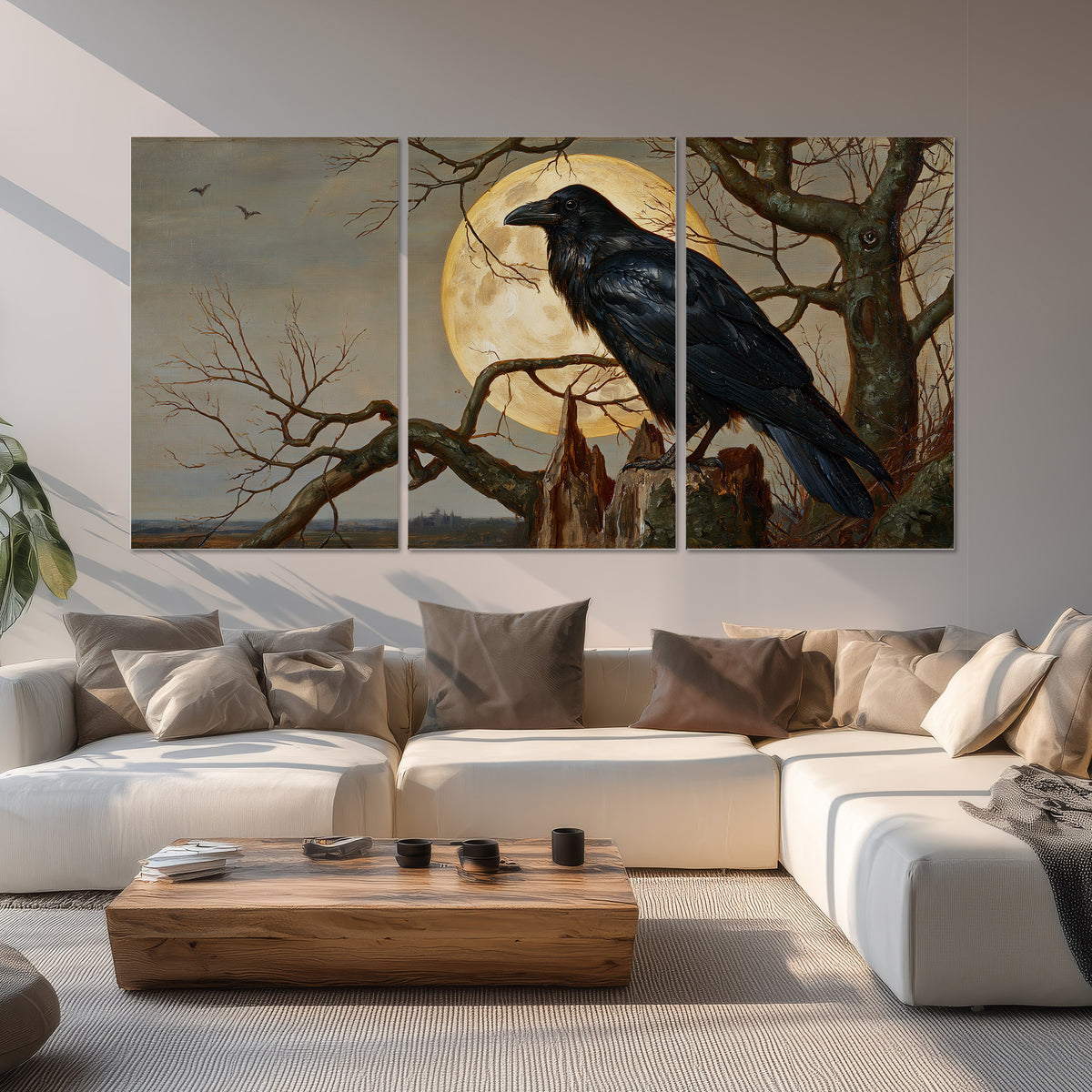 A dark raven perched on a branch beneath a warm moon in a shadowed woodland set of 3 poster prints displayed in a living room
