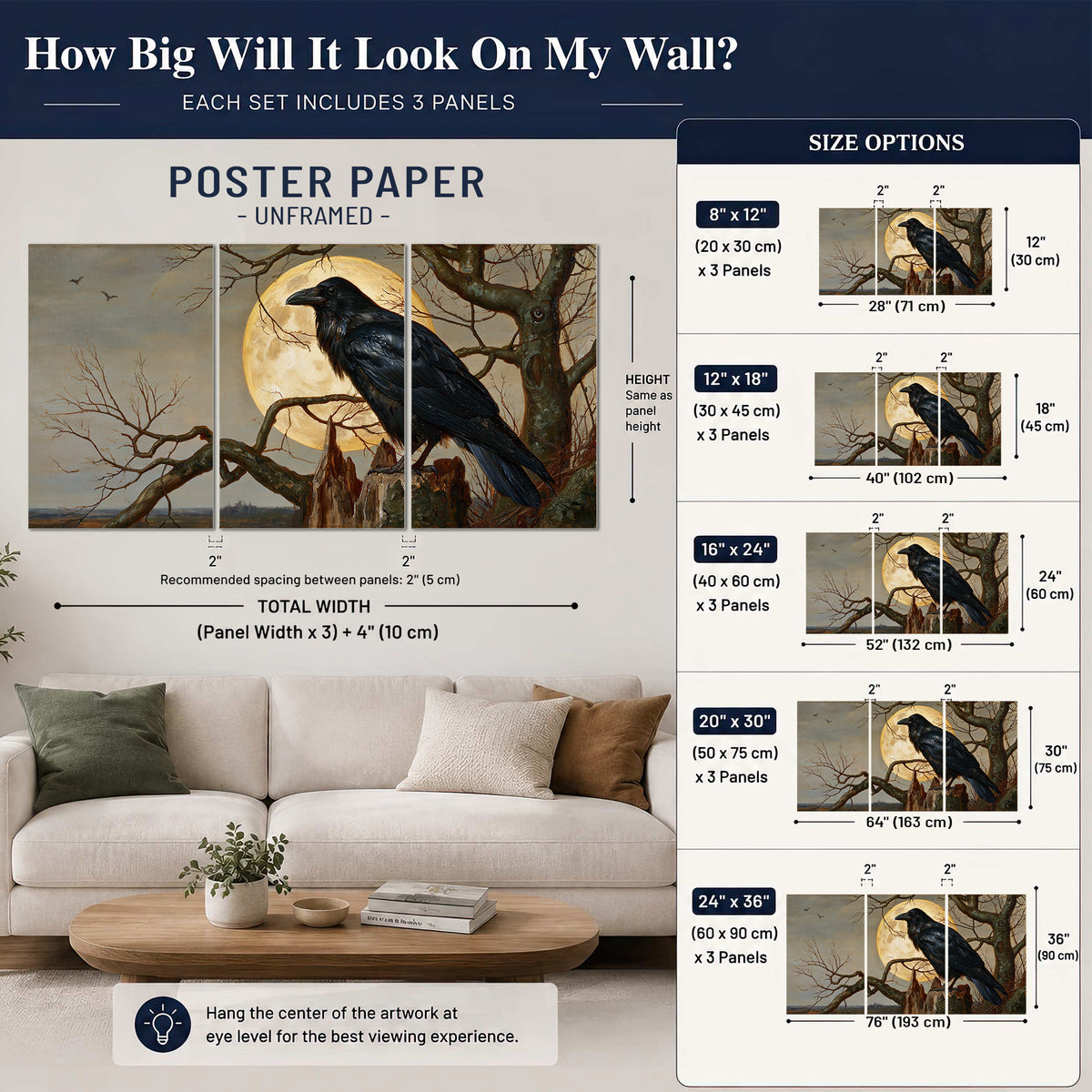 A dark raven perched on a branch beneath a warm moon in a shadowed woodland set of 3 poster prints size guide above a sofa; room view is illustrative