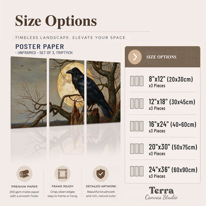 A dark raven perched on a branch beneath a warm moon in a shadowed woodland set of 3 poster prints available dimensions; triptych dimensions are per panel