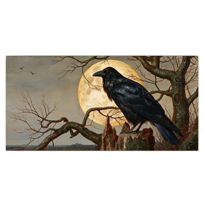 A dark raven perched on a branch beneath a warm moon in a shadowed woodland single canvas wall art viewed straight on
